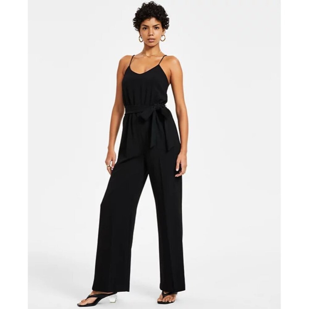 Bar III Womens Size XL Textured Crepe Belted V-Neck Jumpsuit in Black $109